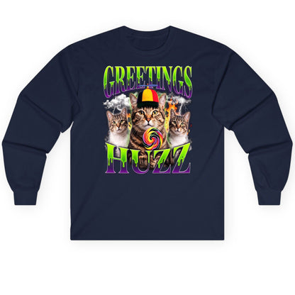 Greetings HUZZ Funny Cat Long Sleeve Tee - product mockup - Navy