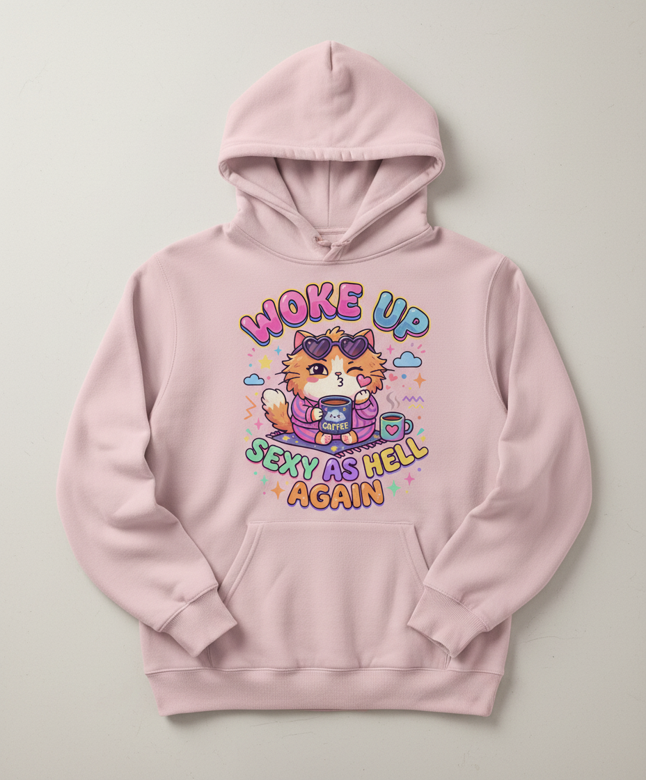 Woke Up Sexy As Hell Again Cute Cat Hoodie - Light Pink