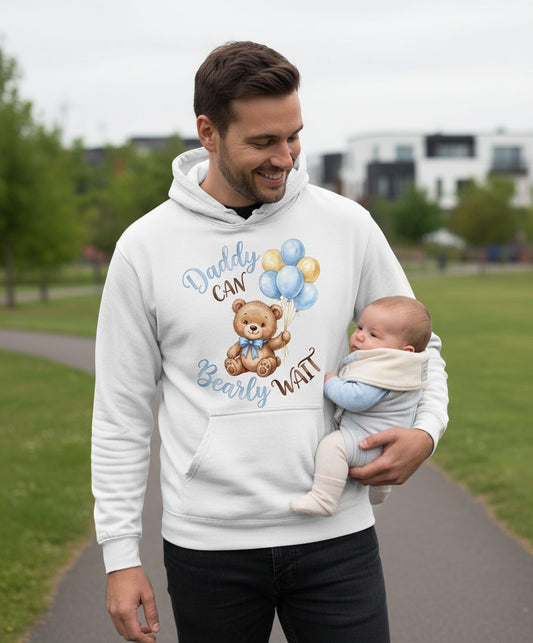 Daddy Can Bearly Wait Teddy Bear Hoodie - lifestyle model mockup - White