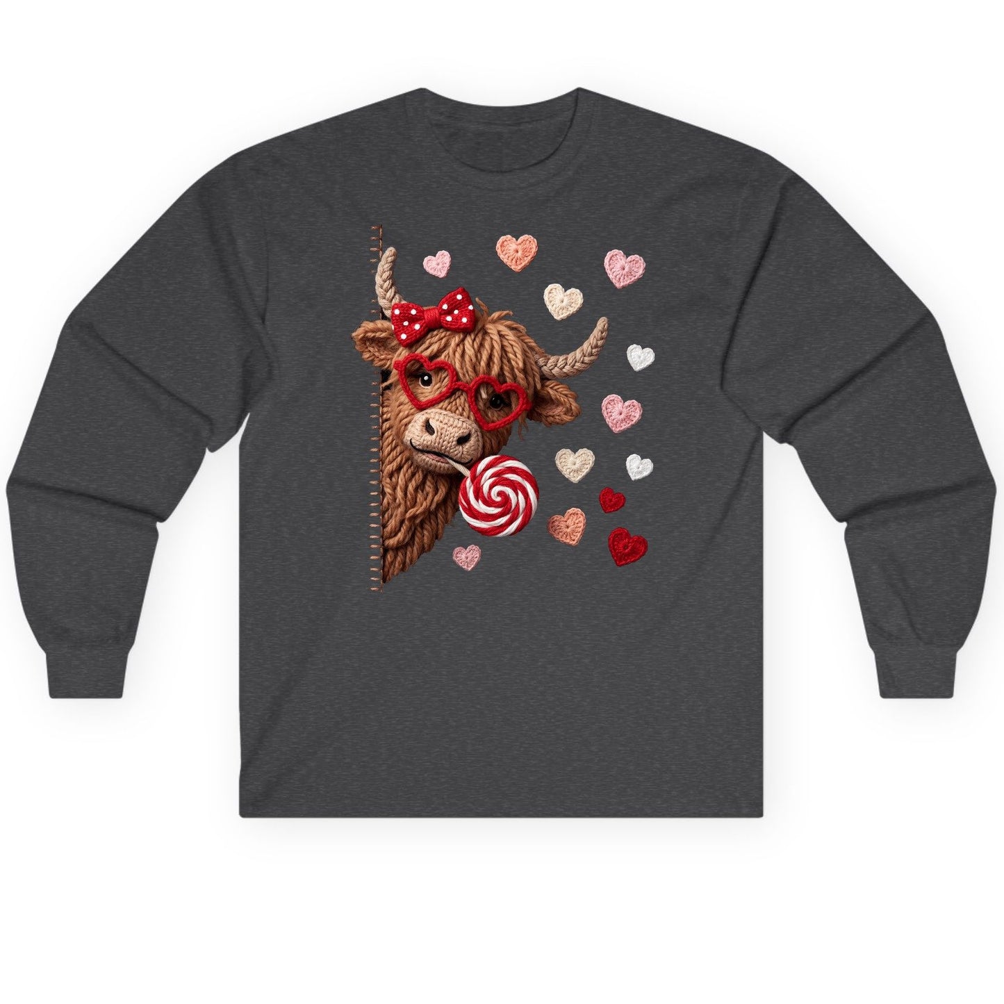 Crochet Valentine's Highland Cow highland cow Long Sleeve Tee Dark Heather product mockup