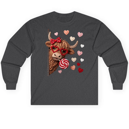 Crochet Valentine's Highland Cow highland cow Long Sleeve Tee Dark Heather product mockup