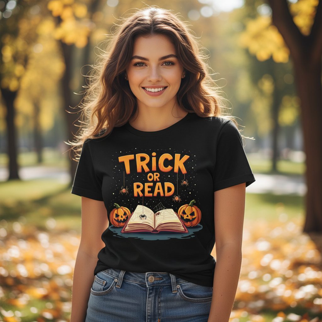 Trick or Read Halloween Youth T-Shirt Black lifestyle mockup