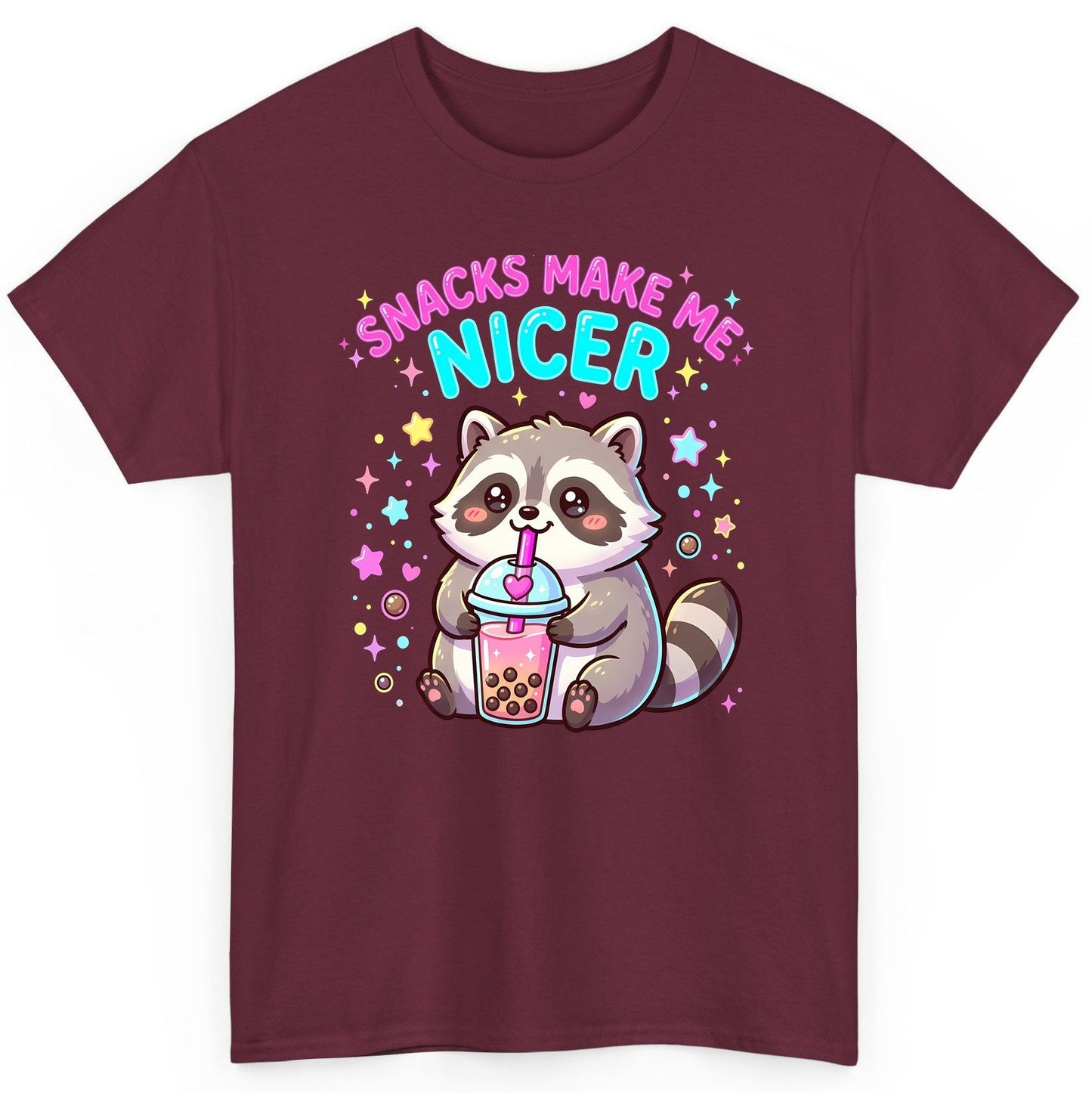 SNACKS MAKE ME NICER Funny Raccoon T-Shirt - product mockup - Maroon