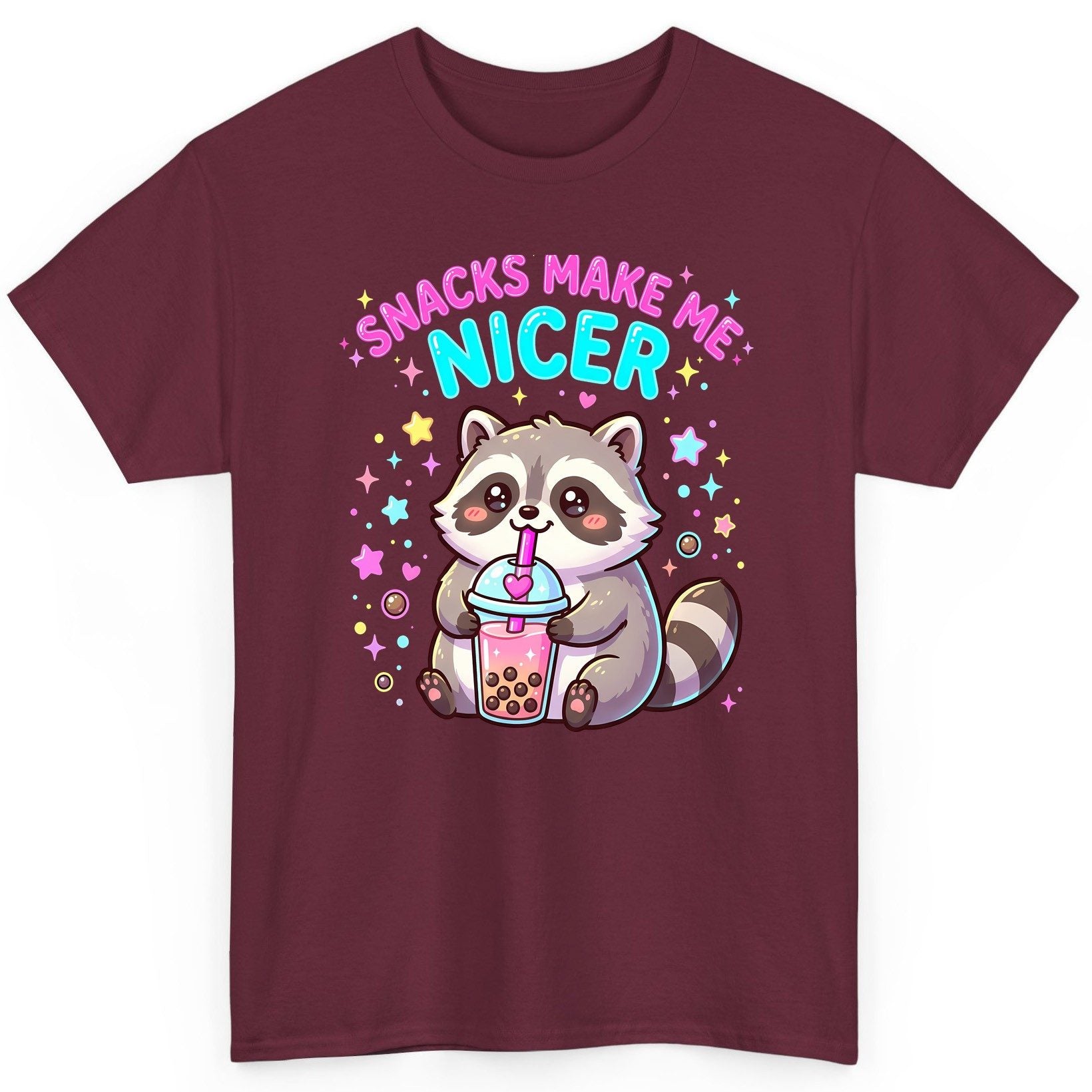 SNACKS MAKE ME NICER Funny Raccoon T-Shirt - product mockup - Maroon