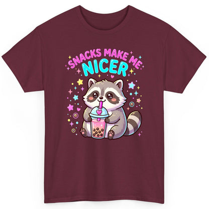 SNACKS MAKE ME NICER Funny Raccoon T-Shirt - product mockup - Maroon