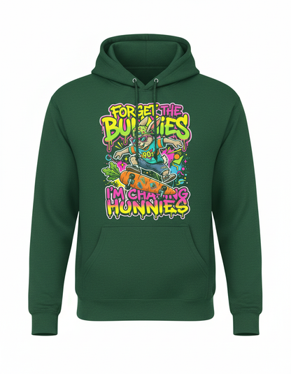 Funny 90s Skater Rabbit Chasing Hunnies Hoodie - Forest Green