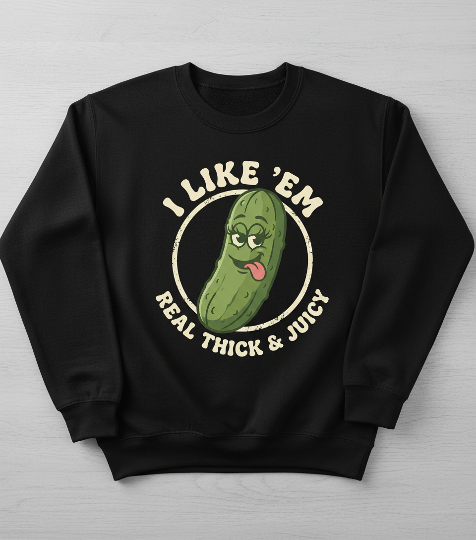 Funny Pickle 'I Like 'Em Real Thick & Juicy' Retro Design Sweatshirt - Black