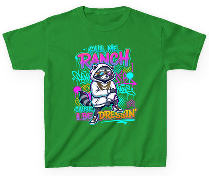 Call Me Ranch Cause I Be Dressin' raccoon Youth T-Shirt Irish Green product mockup
