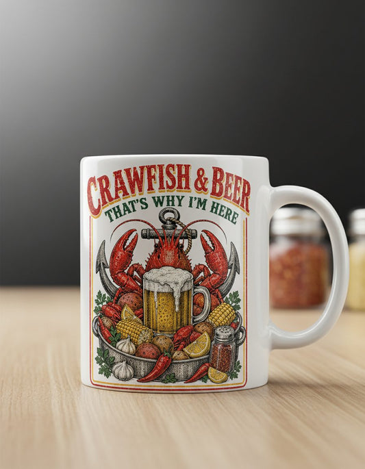 Crawfish & Beer That's Why I'm Here Retro Boil White Mug - product mockup - White