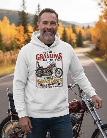 ★ Some ★ Grandpas Take Naps ★ Real ★ Grandpas Ride Motorcycles (then Take a Nap) Funny Biker Grandpa Hoodie - lifestyle model mockup - White
