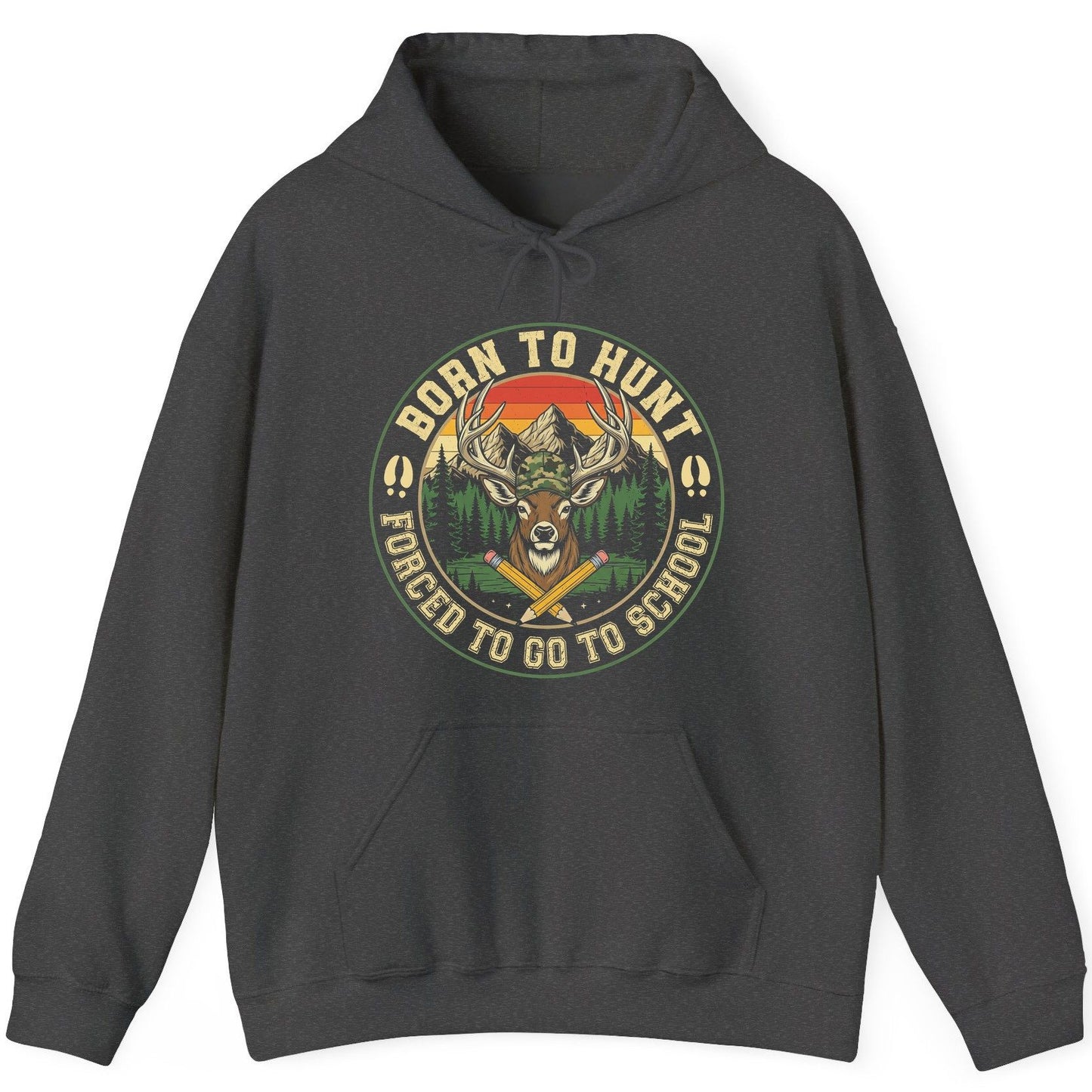 Born to Hunt Forced to Go to School hunting Hoodie Dark Heather product mockup