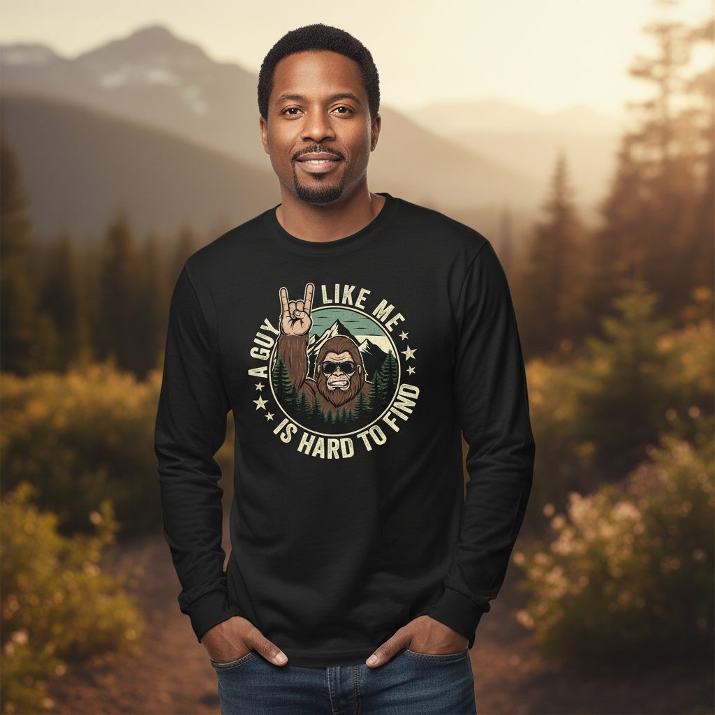 A Guy Like Me Is Hard to Find bigfoot Long Sleeve Tee Black lifestyle mockup