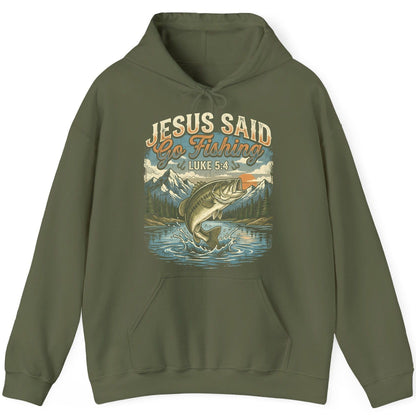 JESUS SAID Go Fishing LUKE 5 4 Retro Christian Hoodie - product mockup - Military Green