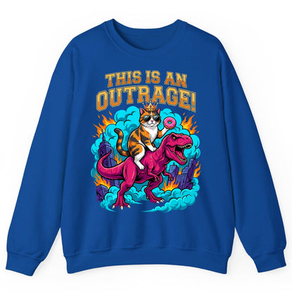 THIS IS AN OUTRAGE! Cat riding a T-Rex Sweatshirt Royal product mockup