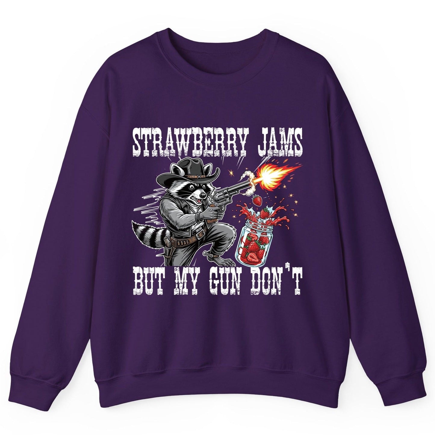 Strawberry Jams but My Gun Don't raccoon Sweatshirt Purple product mockup