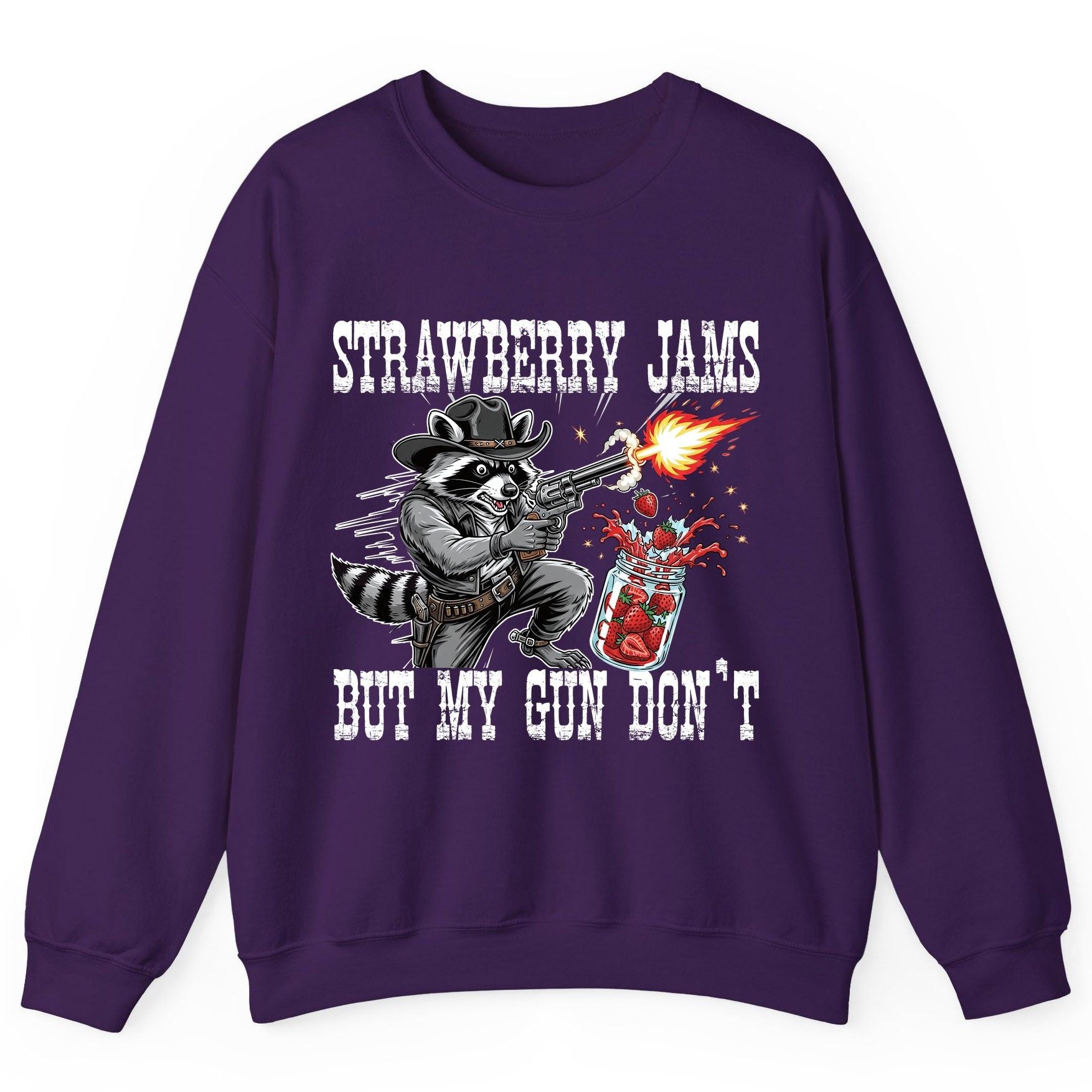 Strawberry Jams but My Gun Don't raccoon Sweatshirt Purple product mockup
