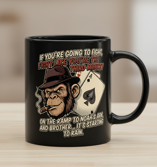 Third Monkey on Noah's Ark Fighting Quote Black Mug - Black