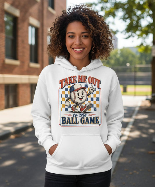 Take Me Out to the Ball Game Retro Baseball Hoodie - lifestyle model mockup - White