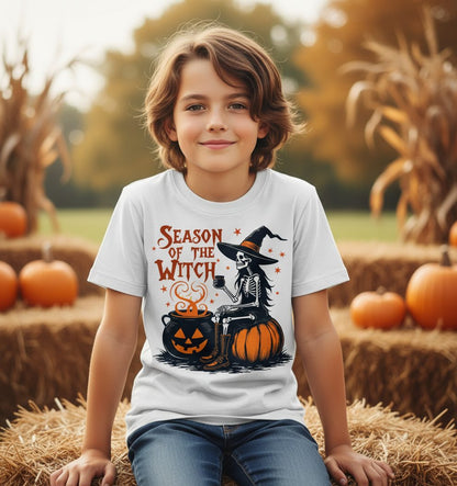 Season of the Witch skeleton witch Youth T-Shirt White lifestyle mockup