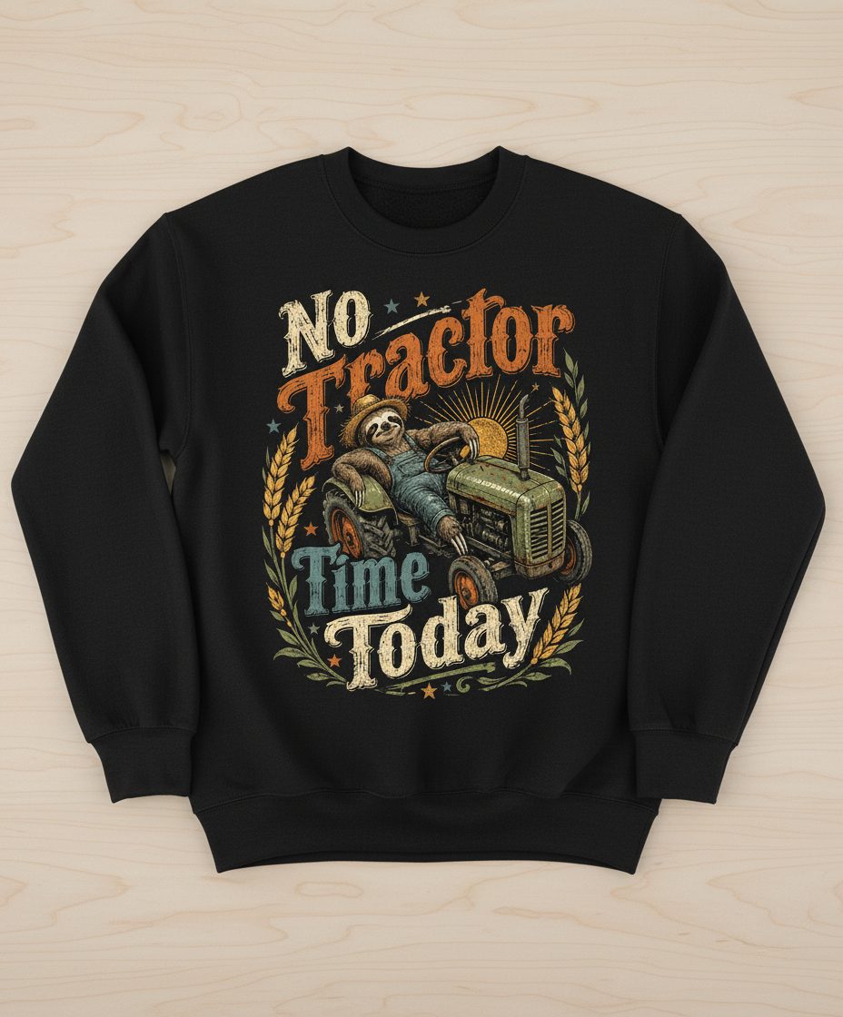 No Tractor Time Today Funny Sloth Sweatshirt - product mockup - Black