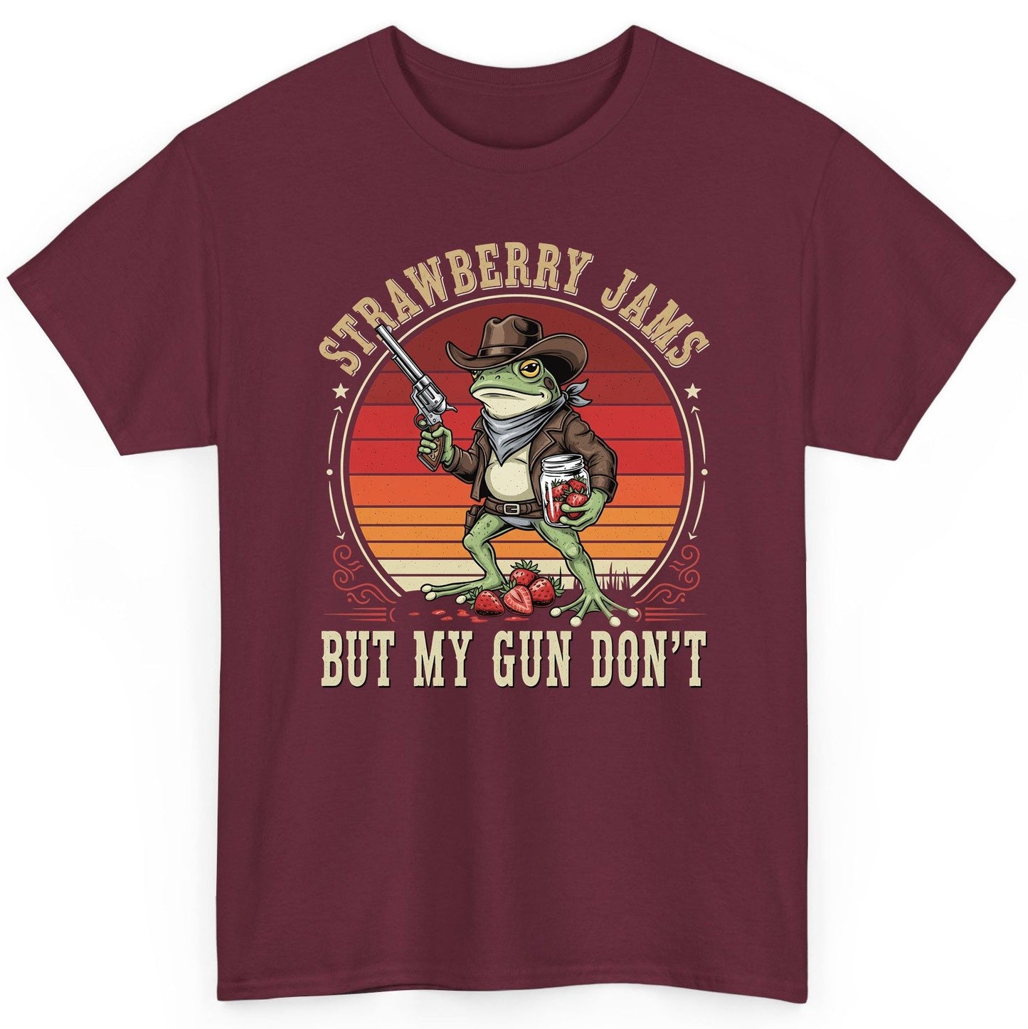 Strawberry Jams but My Gun Don't cowboy frog T-Shirt Maroon product mockup