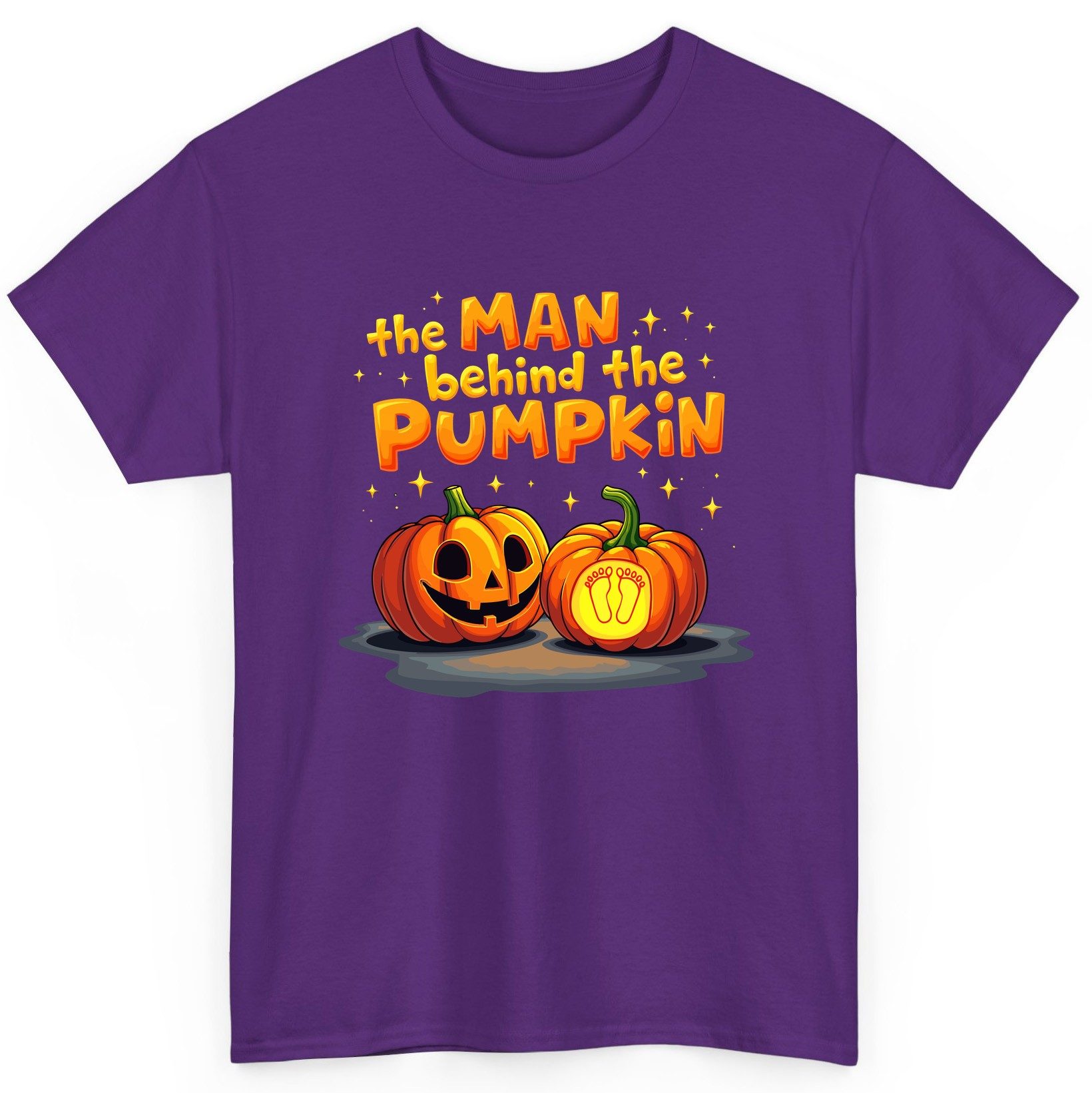 The Man Behind the Pumpkin Halloween pregnancy announcement T-Shirt Purple product mockup
