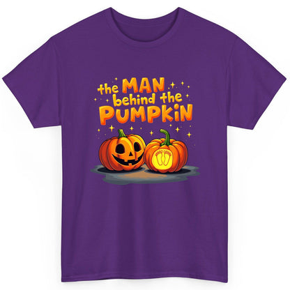The Man Behind the Pumpkin Halloween pregnancy announcement T-Shirt Purple product mockup