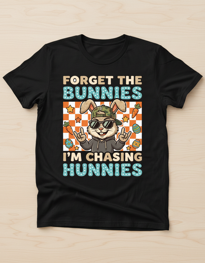 Funny Cool Easter Bunny Chasing Hunnies Design T-Shirt - Black