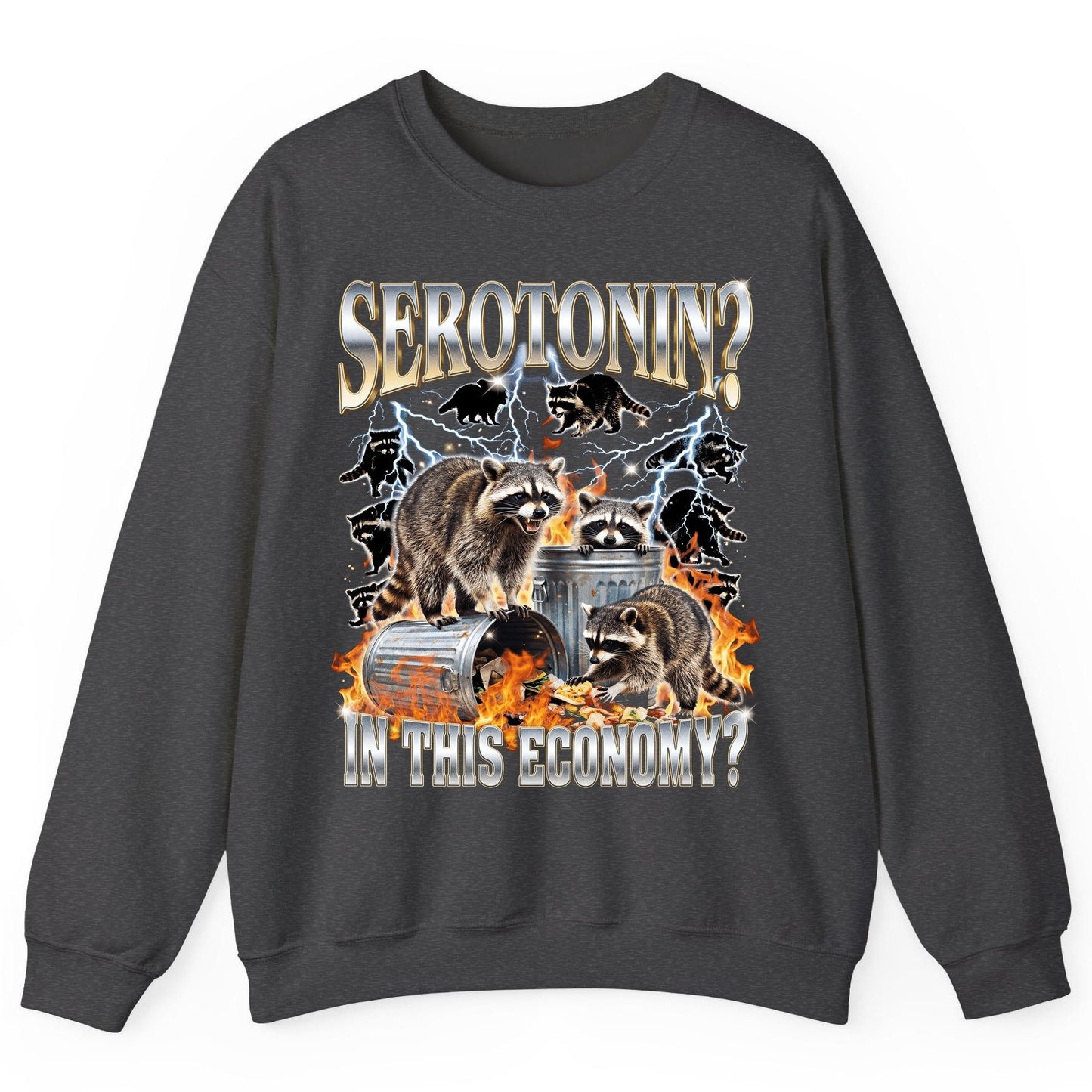 Serotonin in This Economy? raccoons Sweatshirt Dark Heather product mockup