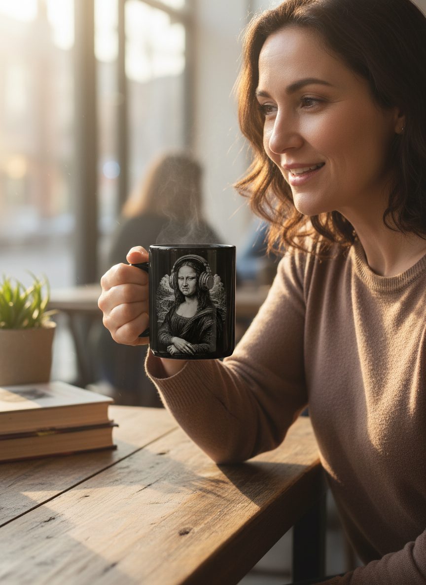 Disgusted Mona Lisa Headphones Funny Art Parody Black Mug - lifestyle model mockup - Black