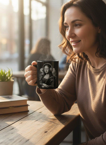 Disgusted Mona Lisa Headphones Funny Art Parody Black Mug - lifestyle model mockup - Black