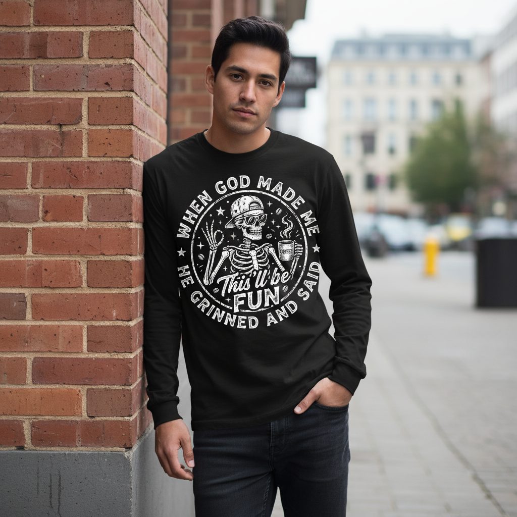 When God Made Me He Grinned and Said This'll Be FUN Long Sleeve Tee - lifestyle model mockup - Black
