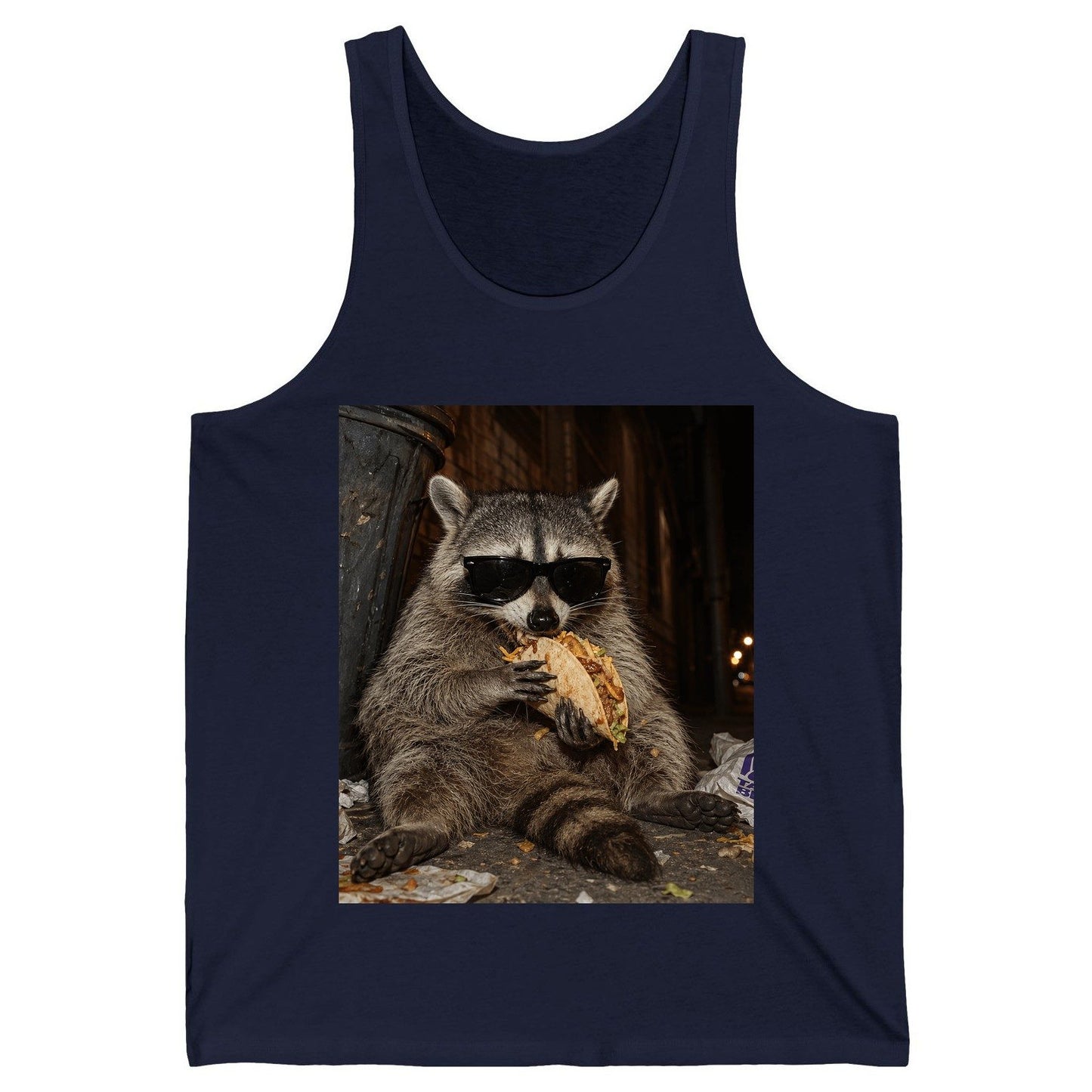 Raccoon Eating Taco Funny Animal Lovers Tank Top - product mockup - Navy