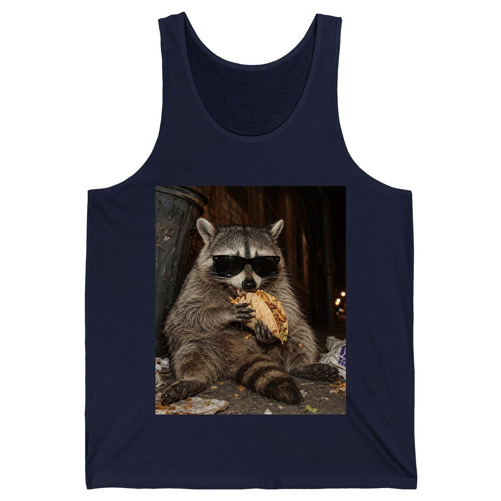 Raccoon Eating Taco Funny Animal Lovers Tank Top - product mockup - Navy
