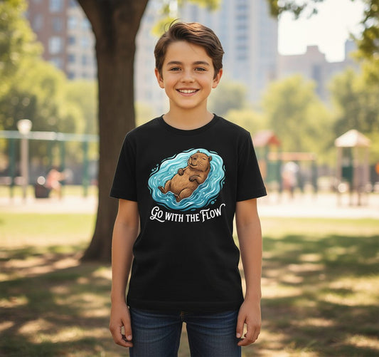 Go WITH THE Flow Funny Capybara Youth T-Shirt - lifestyle model mockup - Black