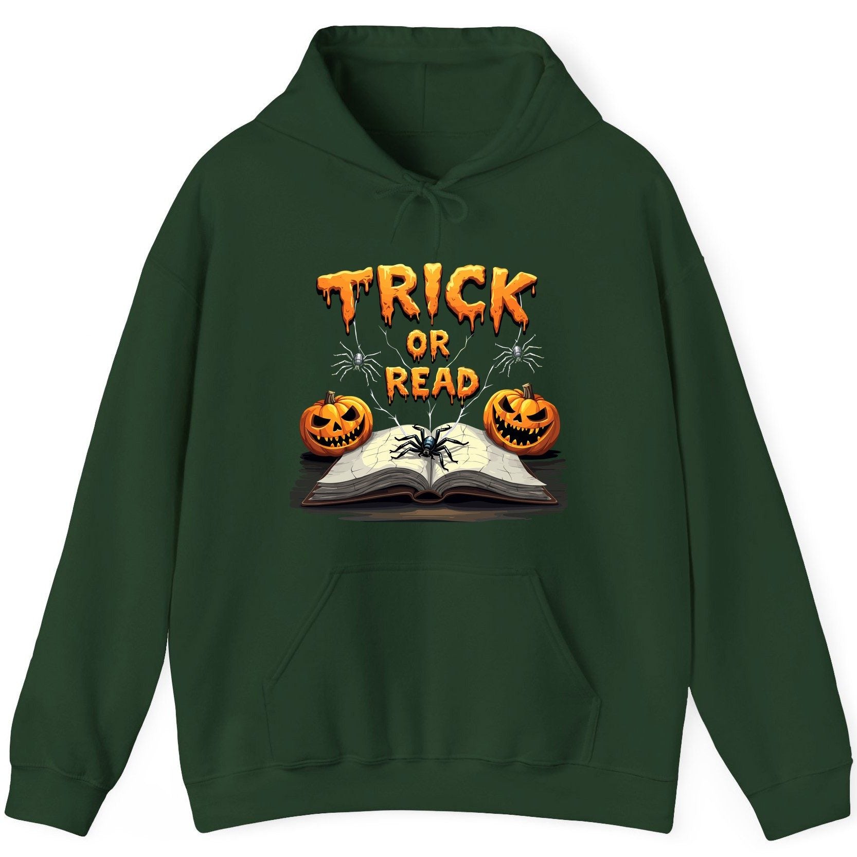 Trick or Read Halloween reading Hoodie Forest Green product mockup