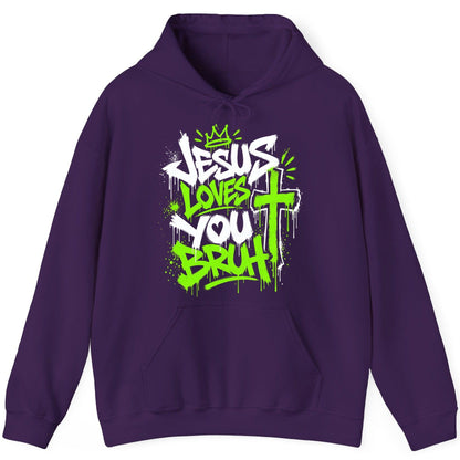 Jesus Loves You Bruh Christian Hoodie - product mockup - Purple