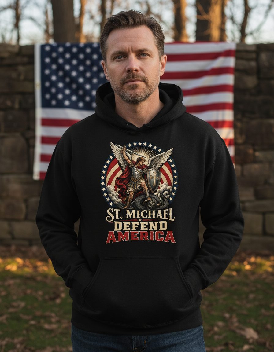 St Michael Defend America Patriotic Christian Hoodie - lifestyle model mockup - Black