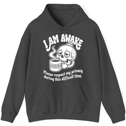 I Am Awake Please Respect My Privacy During This Difficult Time skull drinking coffee Hoodie Dark Heather product mockup