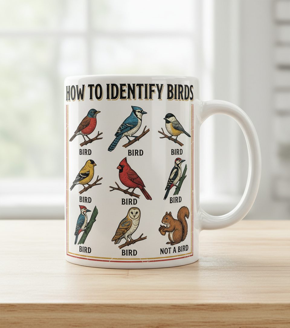 How to Identify Birds Funny Birdwatching White Mug - product mockup - White