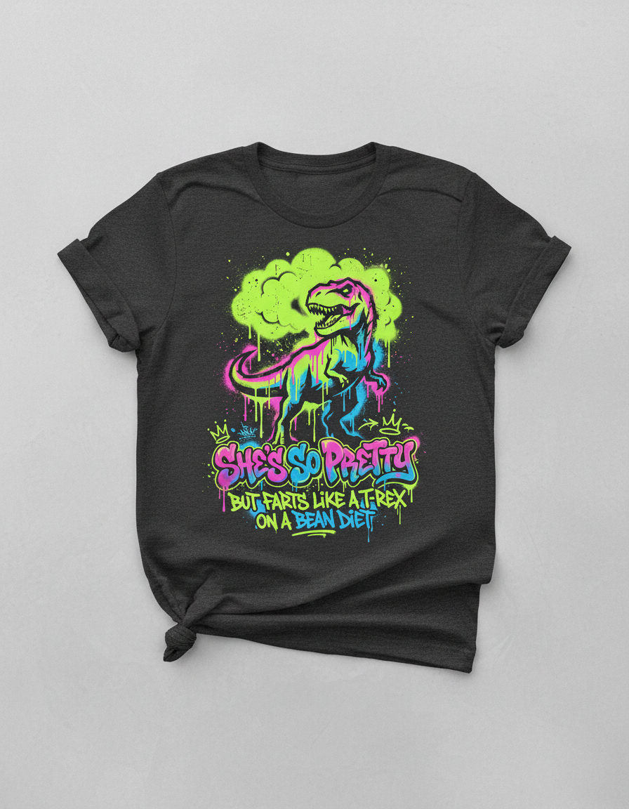 Funny T-Rex Graffiti Art 'She's So Pretty' T-Shirt - Dark Heather
