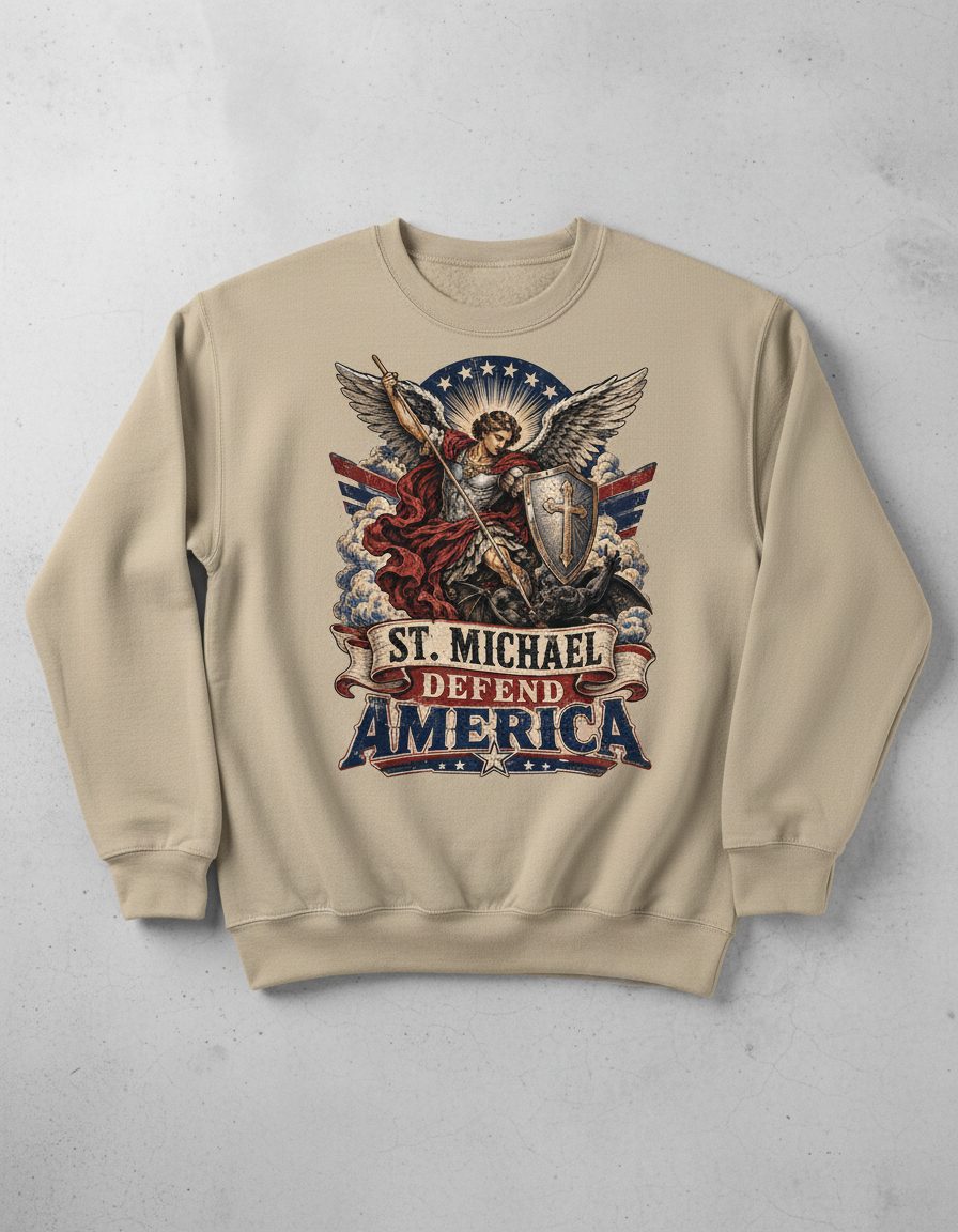 St Michael Defend America Vintage Patriotic Christian Sweatshirt - product mockup - Sand