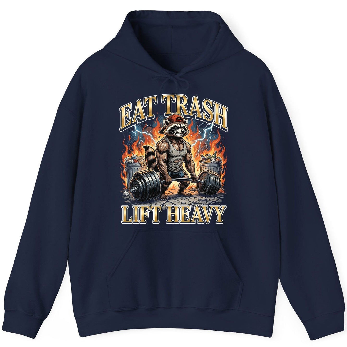 Eat Trash Lift Heavy raccoon Hoodie Navy product mockup