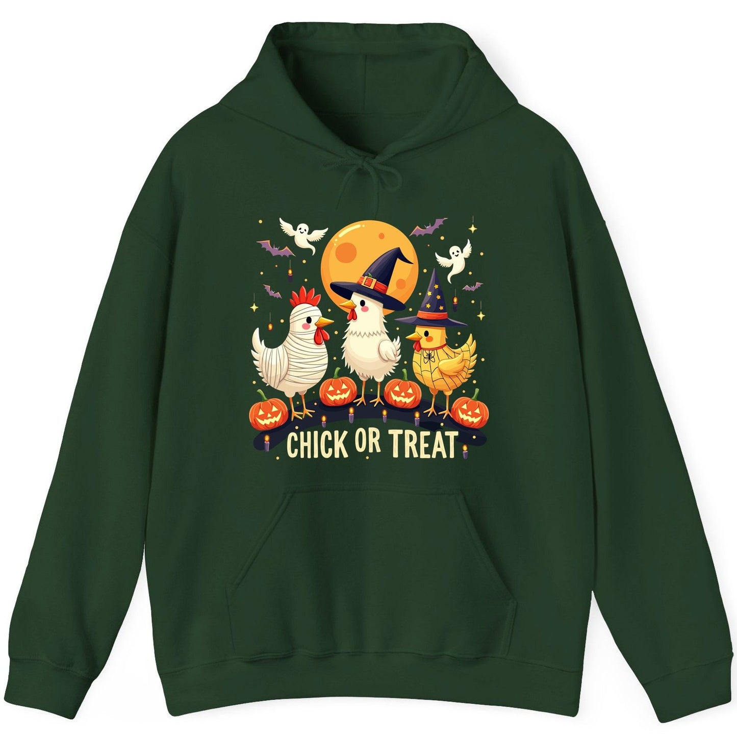 Chick or Treat Halloween chickens Hoodie Forest Green product mockup