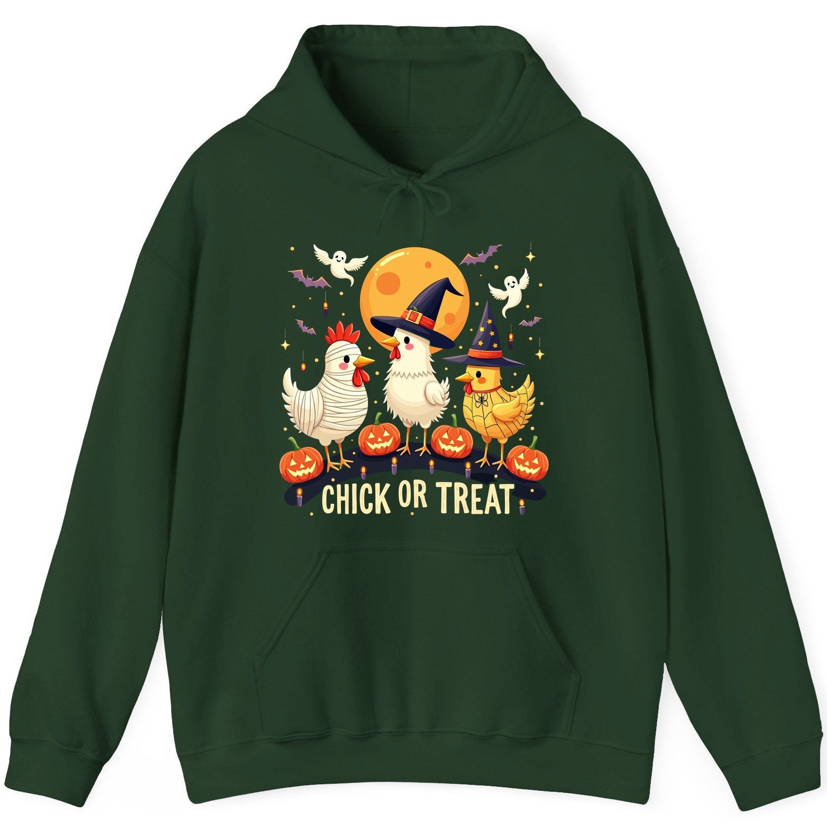 Chick or Treat Halloween chickens Hoodie Forest Green product mockup