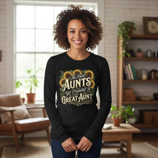 The Best AUNTS Get Promoted to GREAT AUNT Retro Long Sleeve Tee - lifestyle model mockup - Black