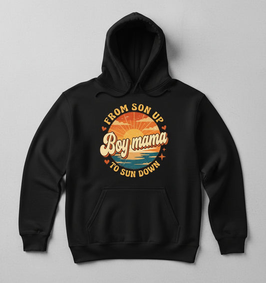 From Son Up to Sun Down Boy Mama Retro Mothers of Sons Hoodie - product mockup - Black