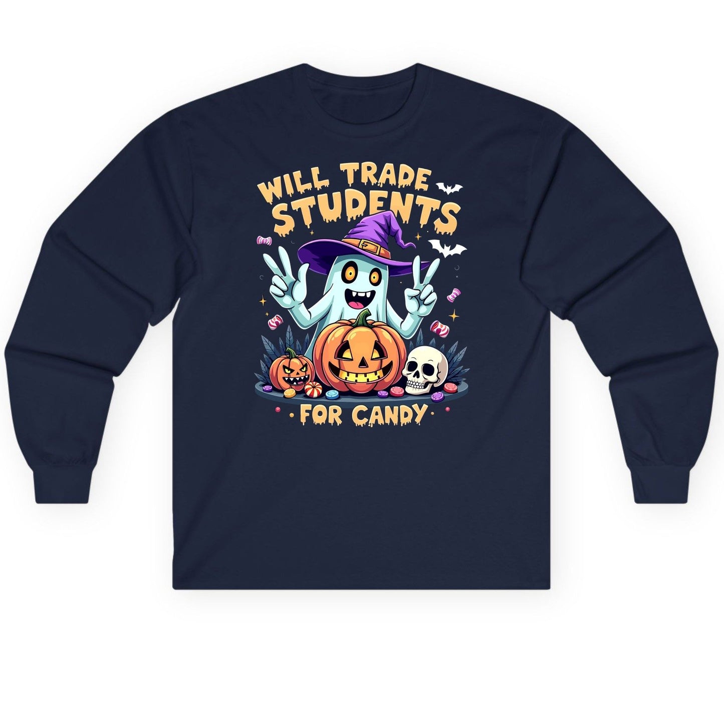 Will Trade Students for Candy teacher humor Long Sleeve Tee Navy product mockup