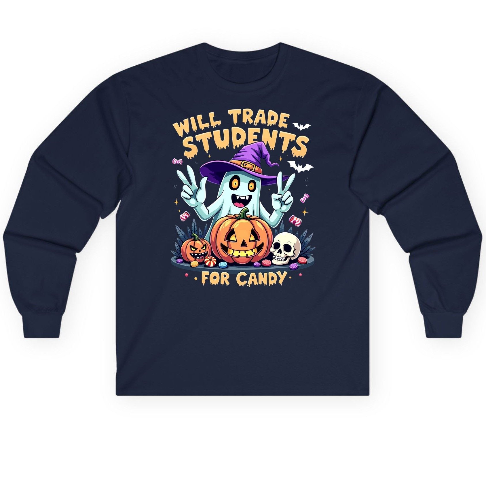 Will Trade Students for Candy teacher humor Long Sleeve Tee Navy product mockup