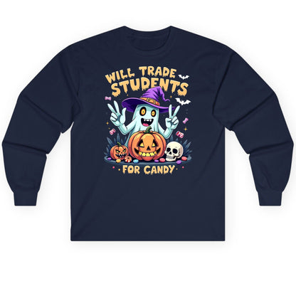 Will Trade Students for Candy teacher humor Long Sleeve Tee Navy product mockup